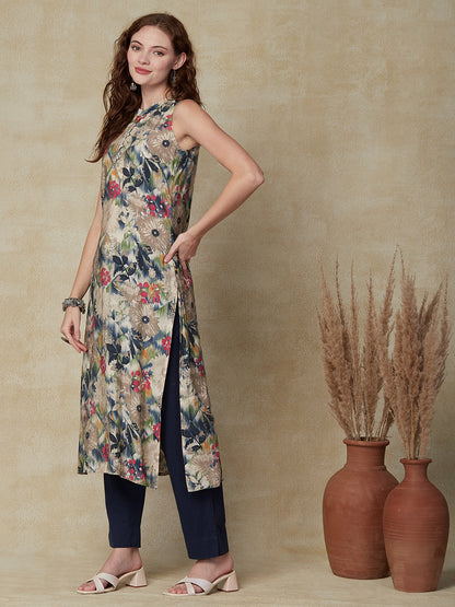 Abstract Floral Printed Straight Fit Kurta - Multi