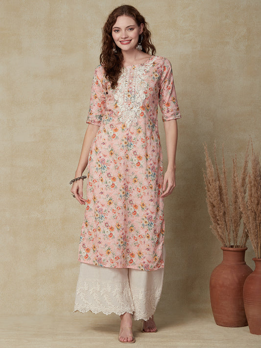 Floral Printed & Chikankari Embroidered Straight Fit Kurta - Peach