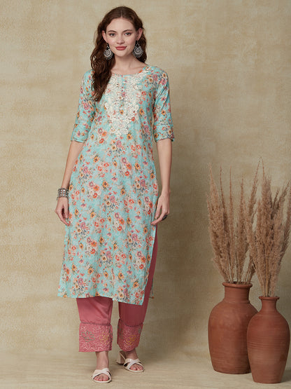 Floral Printed & Chikankari Embroidered Straight Fit Kurta - Turquoise Blue