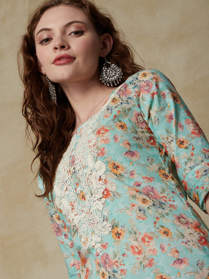 Floral Printed & Chikankari Embroidered Straight Fit Kurta - Turquoise Blue