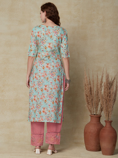 Floral Printed & Chikankari Embroidered Straight Fit Kurta - Turquoise Blue