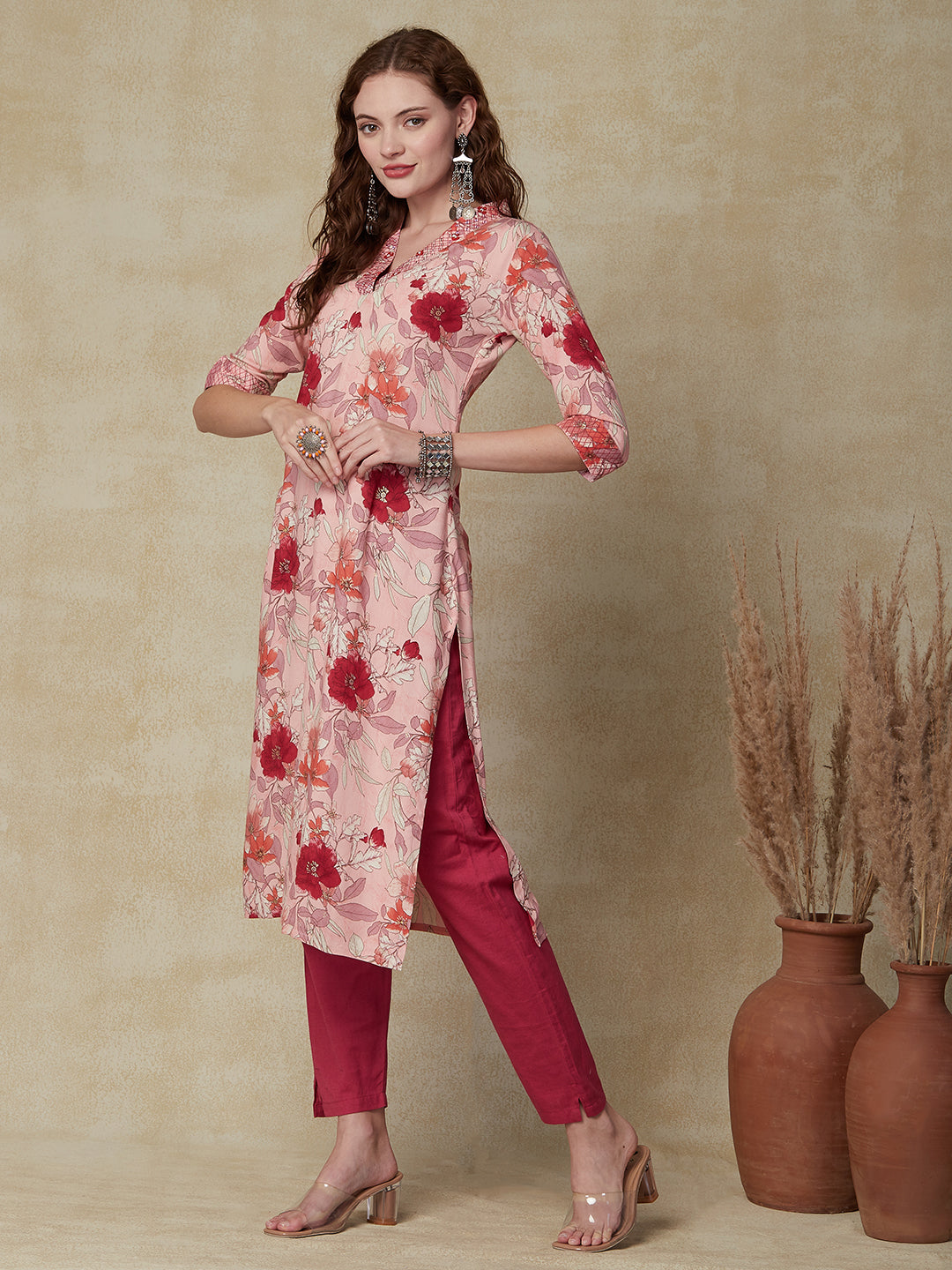 Floral Printed & Embroidered Straight Fit Kurta - Pink