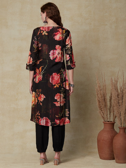 Floral Printed & Embroidered Straight Kurta with Pant - Black