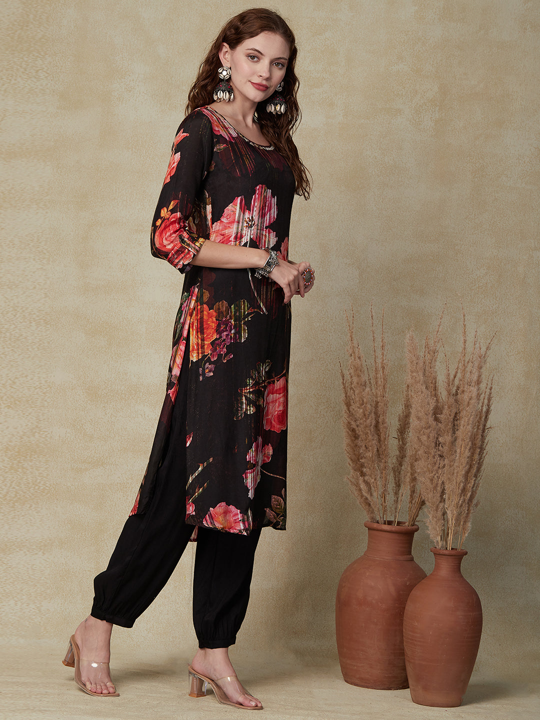 Floral Printed & Embroidered Straight Kurta with Pant - Black