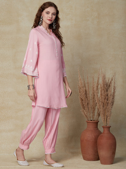 Solid Ethnic Floral Embroidered A-Line Kurta with Pant - Pink