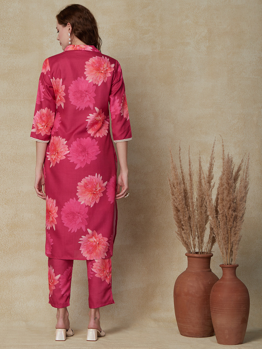 Abstract Floral Printed Straight Fit Kurta with Pant - Pink