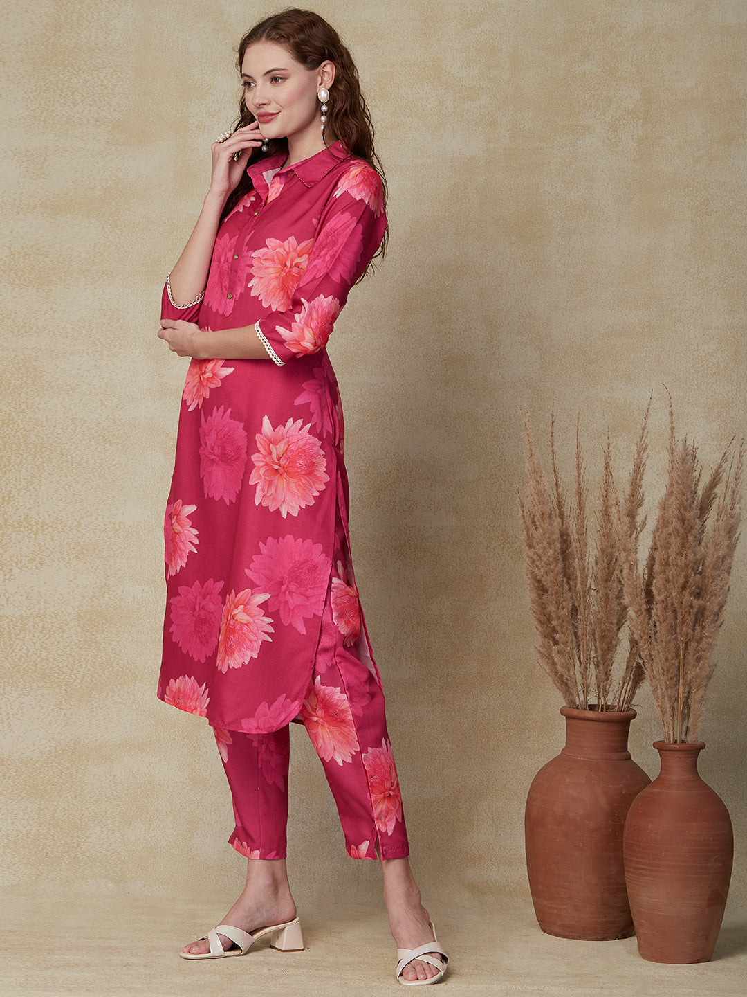 Abstract Floral Printed Straight Fit Kurta with Pant - Pink