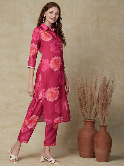 Abstract Floral Printed Straight Fit Kurta with Pant - Pink