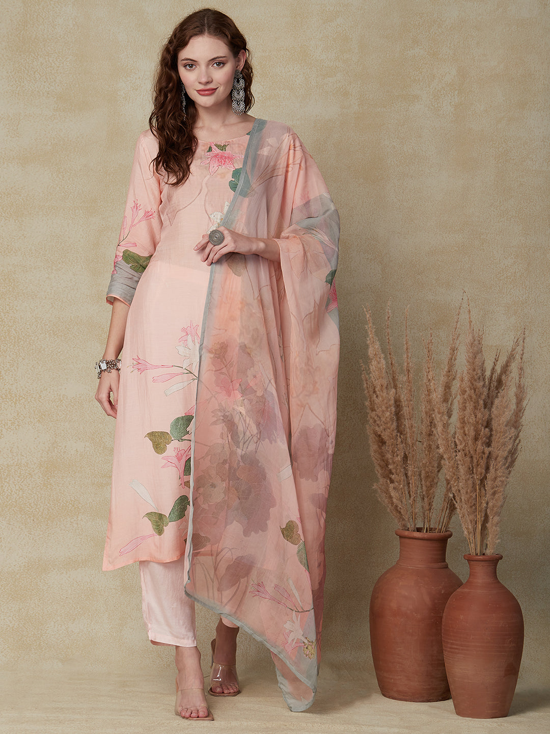 Abstract Floral Printed & Embroidered Kurta with Pant & Dupatta - Peach