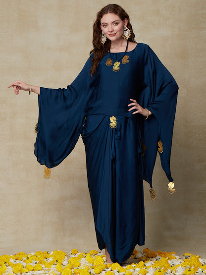Solid A-Line High - Low Kurta with Pleated Wrap Skirt with Neckpiece - Teal Blue