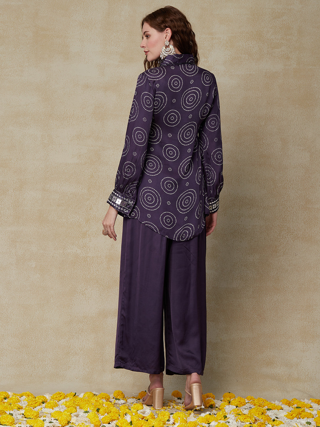 Bandhani Printed & Mirror Embroidered Straight Fit Shirt with Palazzo - Purple