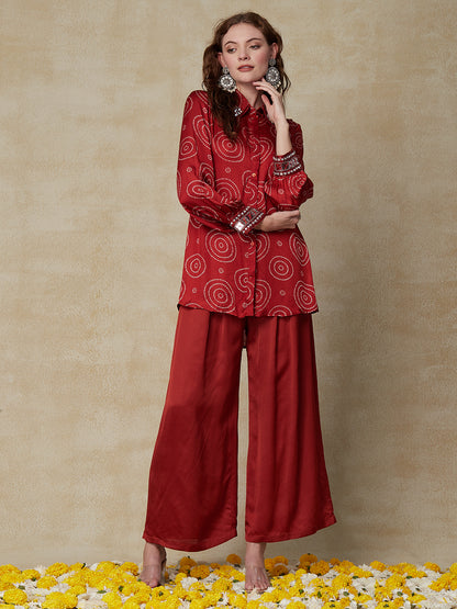 Bandhani Printed & Mirror Embroidered Straight Fit Shirt with Palazzo - Red