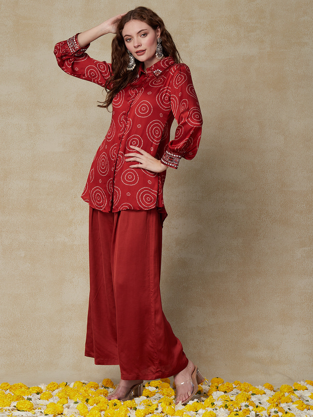Bandhani Printed & Mirror Embroidered Straight Fit Shirt with Palazzo - Red