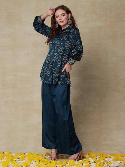 Bandhani Printed & Mirror Embroidered Straight Fit Shirt with Palazzo - Teal Blue