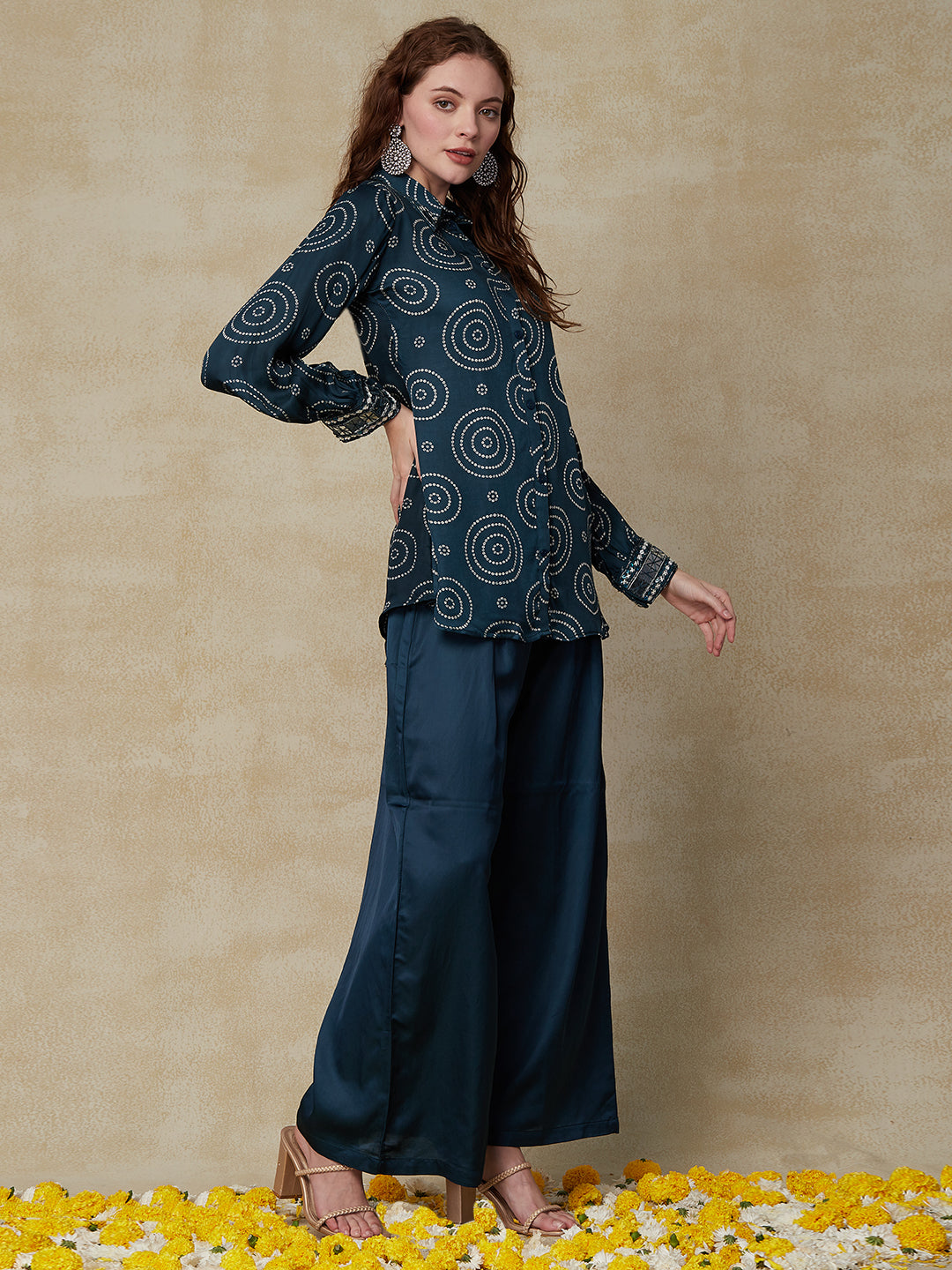 Bandhani Printed & Mirror Embroidered Straight Fit Shirt with Palazzo - Teal Blue