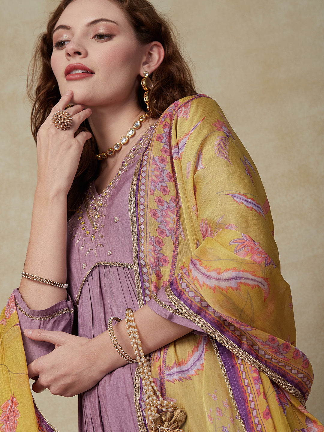 Solid Ethnic Floral Embroidered A-Line Pleated Kurta with Pant & Dupatta - Lavender