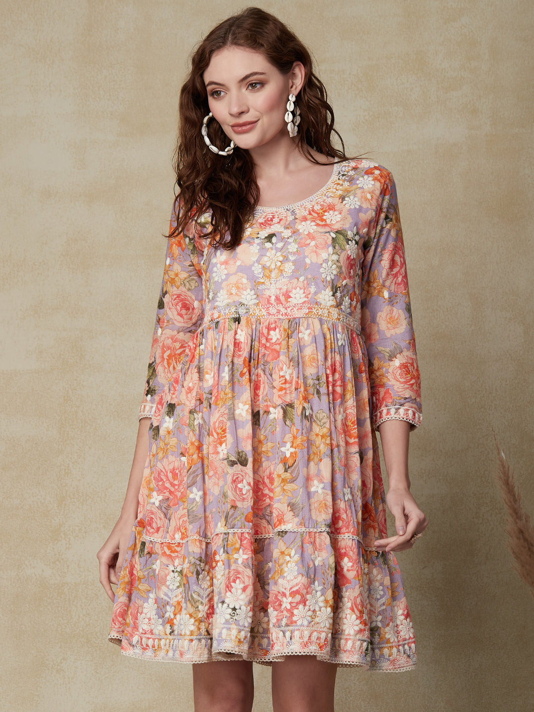 Floral Printed Resham Embroidered Mul-Cotton Tiered Dress - Multi