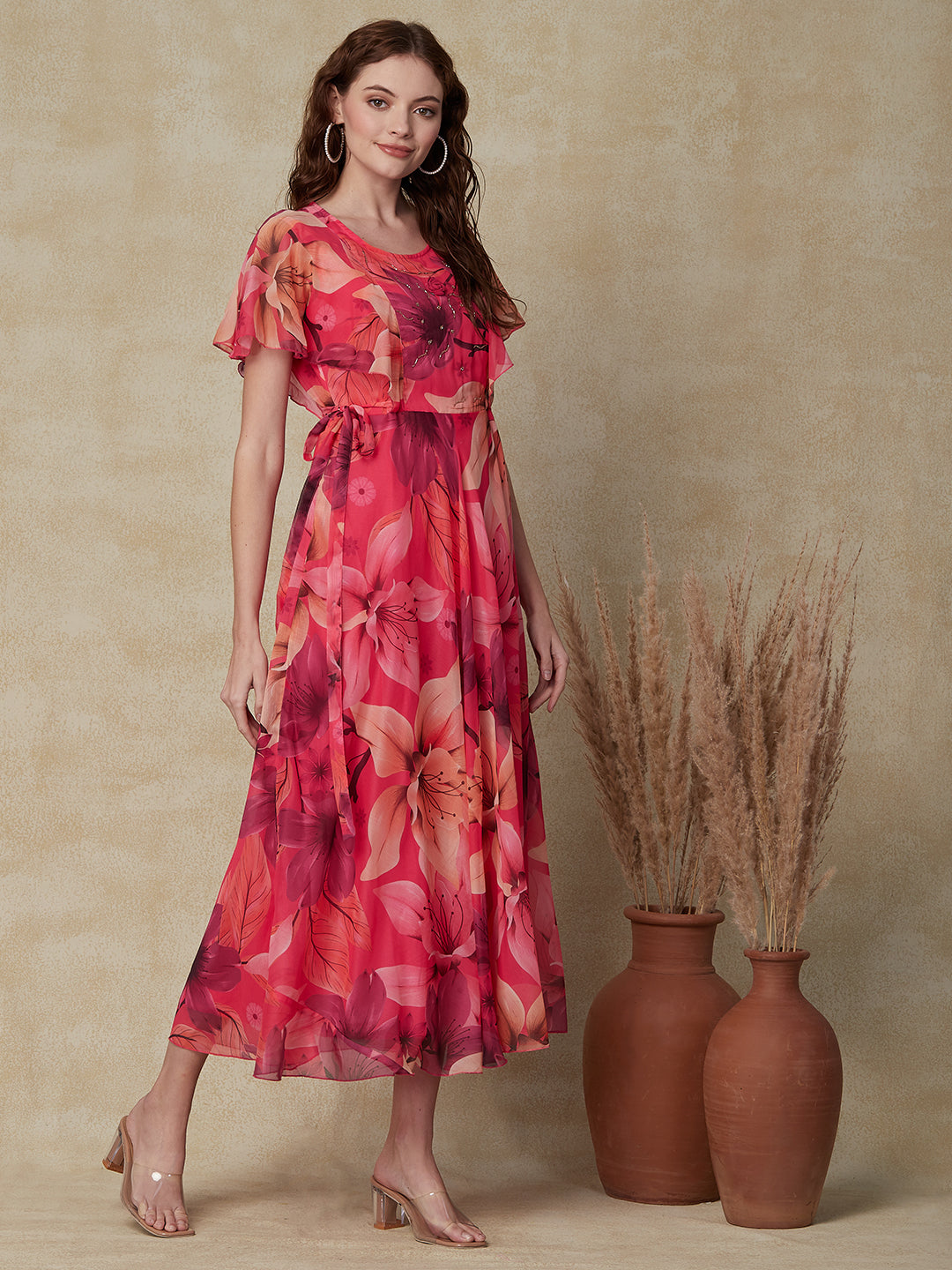Abstract Floral Printed & Embroidered A-Line Midi Dress - Pink