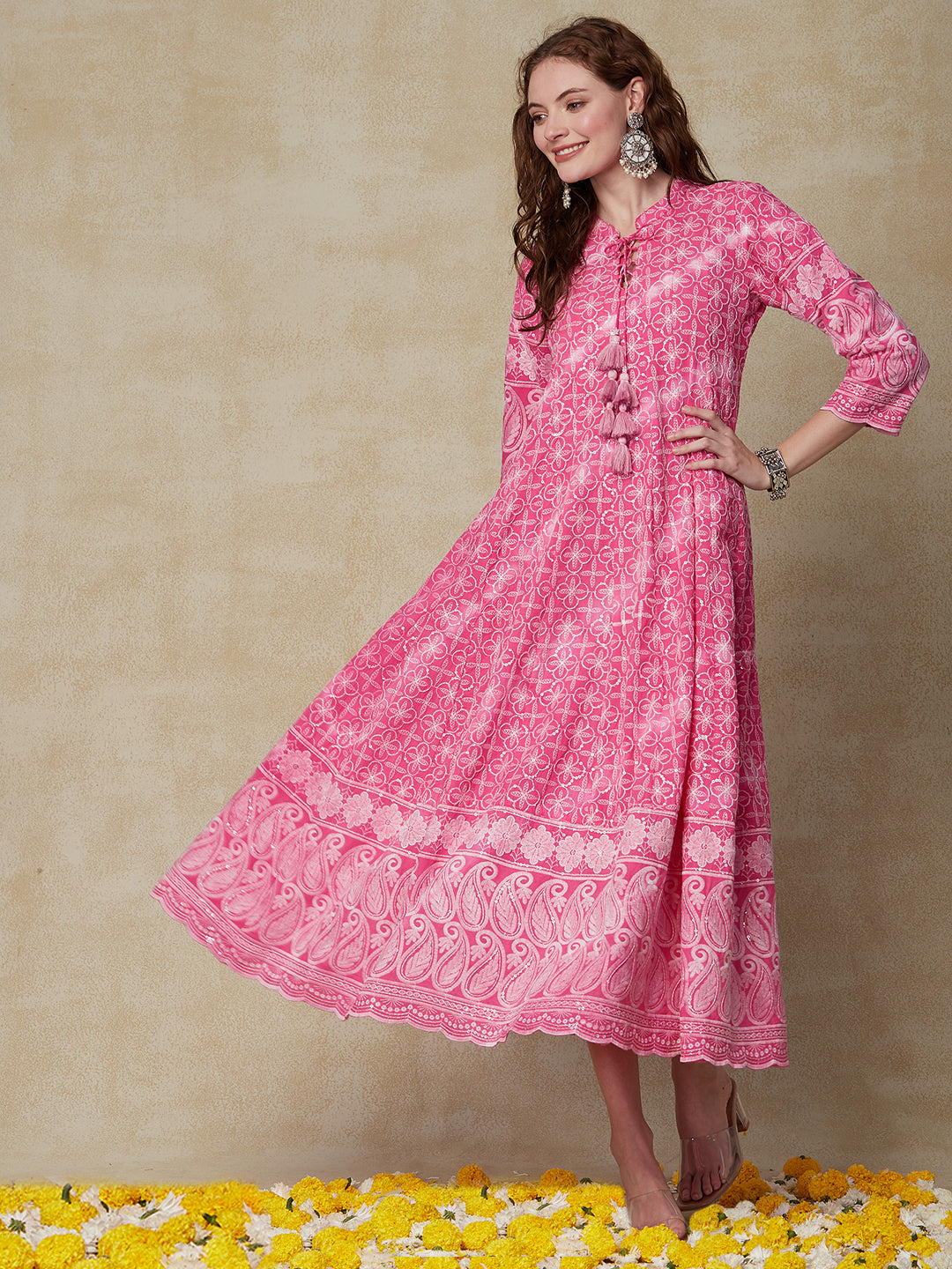 Solid Chikankari Embroidered A-Line Anarkali Maxi Dress - Pink