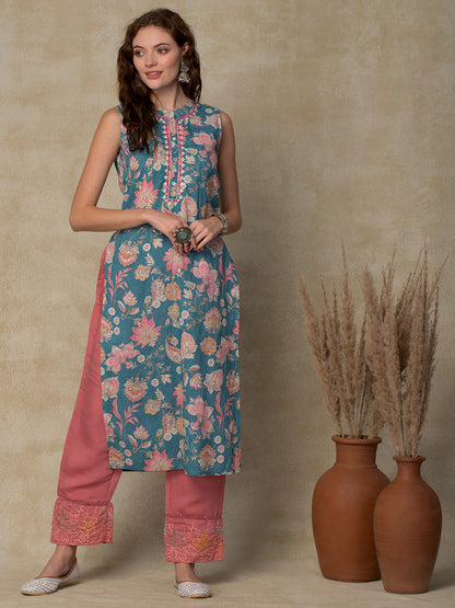 Ethnic Floral Printed & Embroidered Straight Fit Kurta - Sea Green