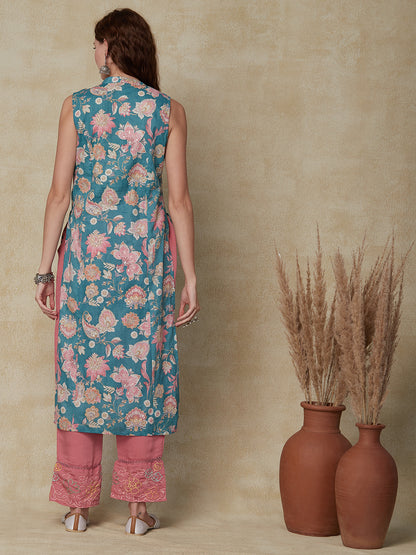 Ethnic Floral Printed & Embroidered Straight Fit Kurta - Sea Green