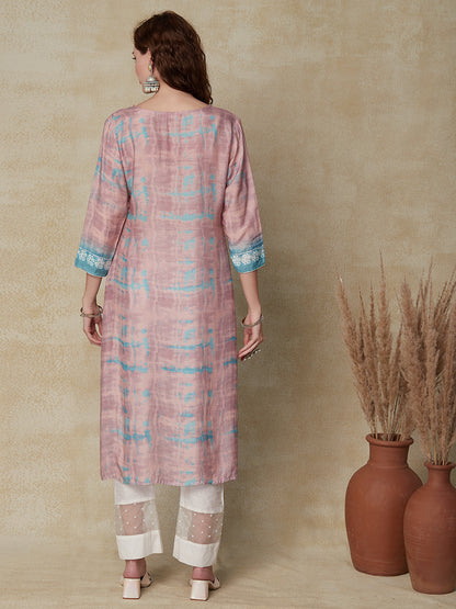 Ethnic Tie -Dye Printed & Embroidered Straight Fit Kurta - Multi