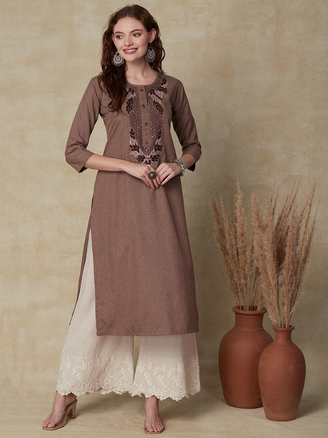 Solid Floral Hand Embroidered Straight Fit Kurta - Brown
