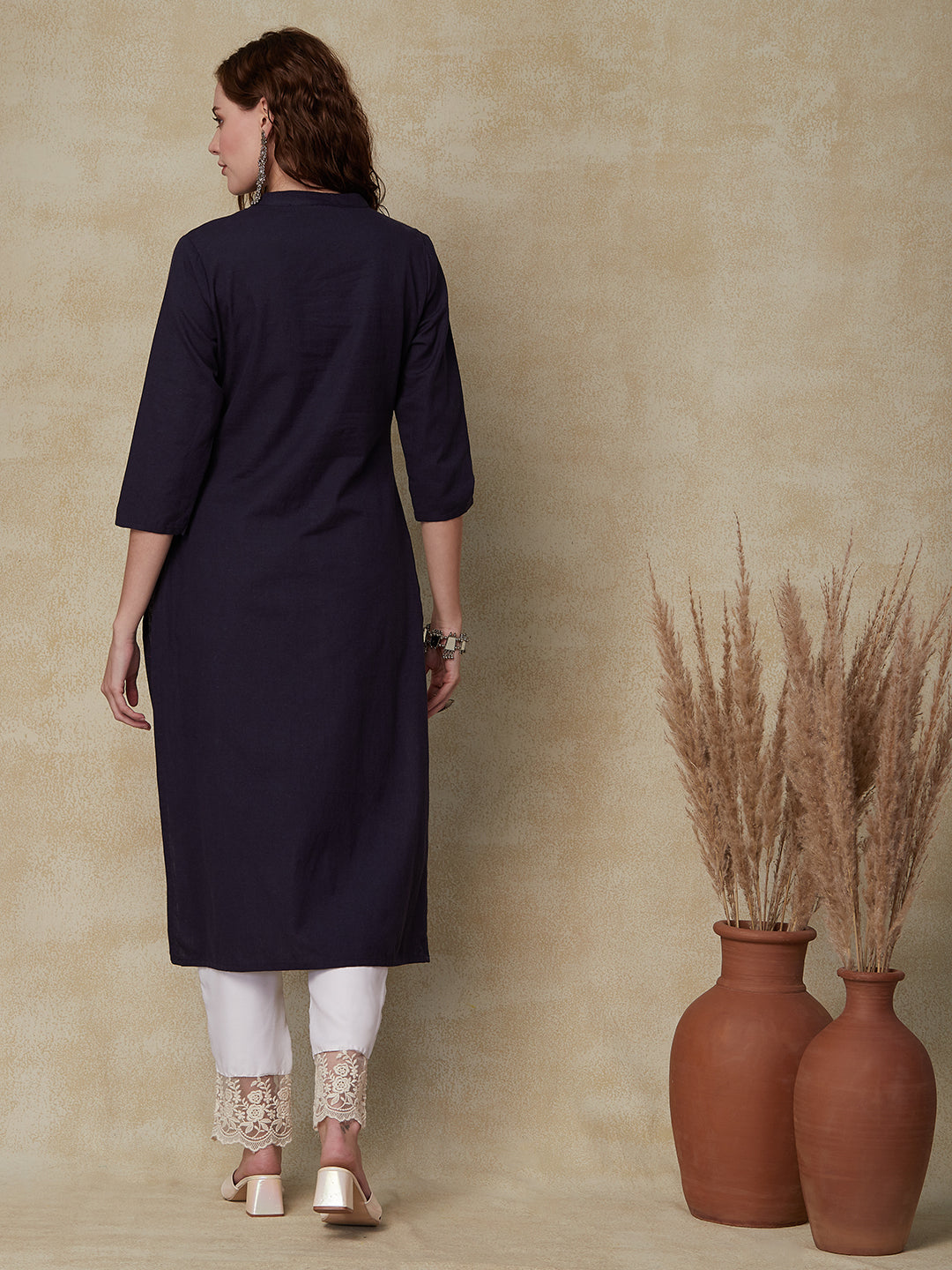 Solid Ethnic Embroidered Straight Fit Kurta - Navy Blue