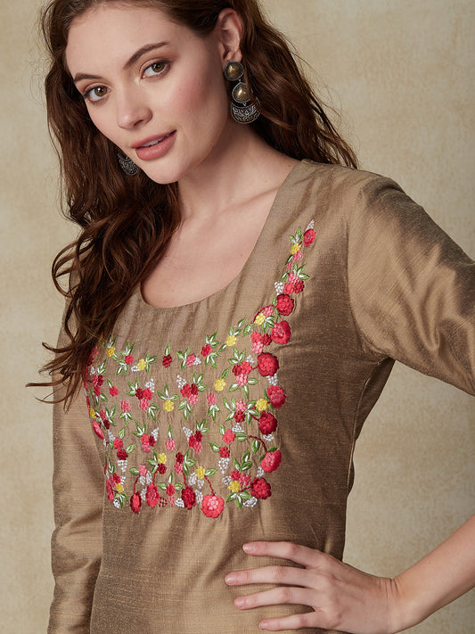 Solid Floral Hand Embroidered Straight Fit Kurta - Brown