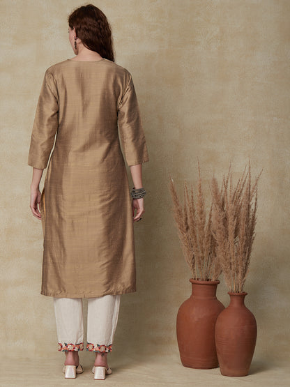 Solid Floral Hand Embroidered Straight Fit Kurta - Brown