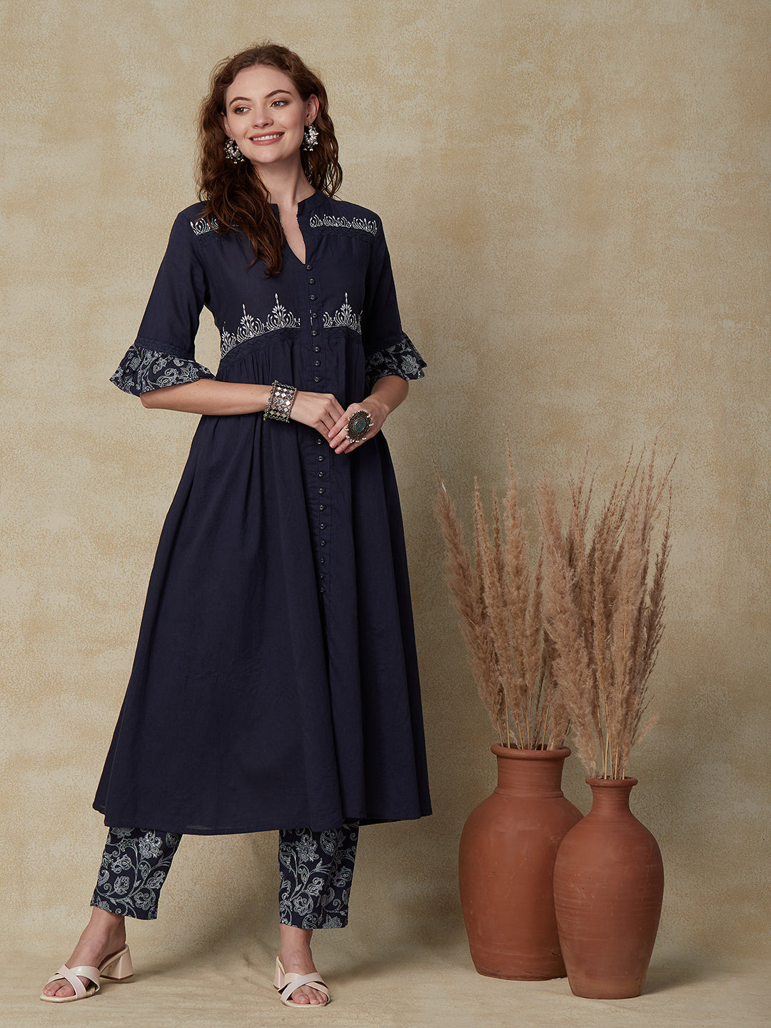 Solid Ethnic Floral Embroidered A-Line Kurta with Pant - Navy Blue
