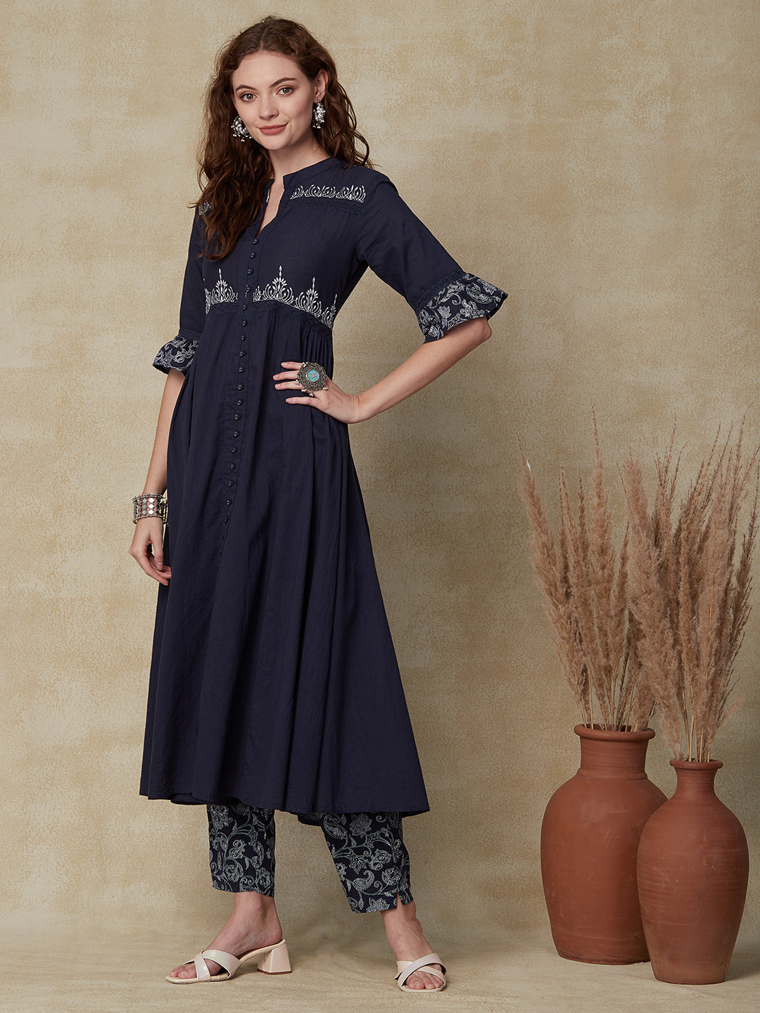 Solid Ethnic Floral Embroidered A-Line Kurta with Pant - Navy Blue