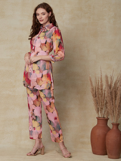 Abstract Printed & Embroidered Straight Fit Co-ord Set - Multi