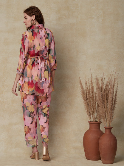 Abstract Printed & Embroidered Straight Fit Co-ord Set - Multi