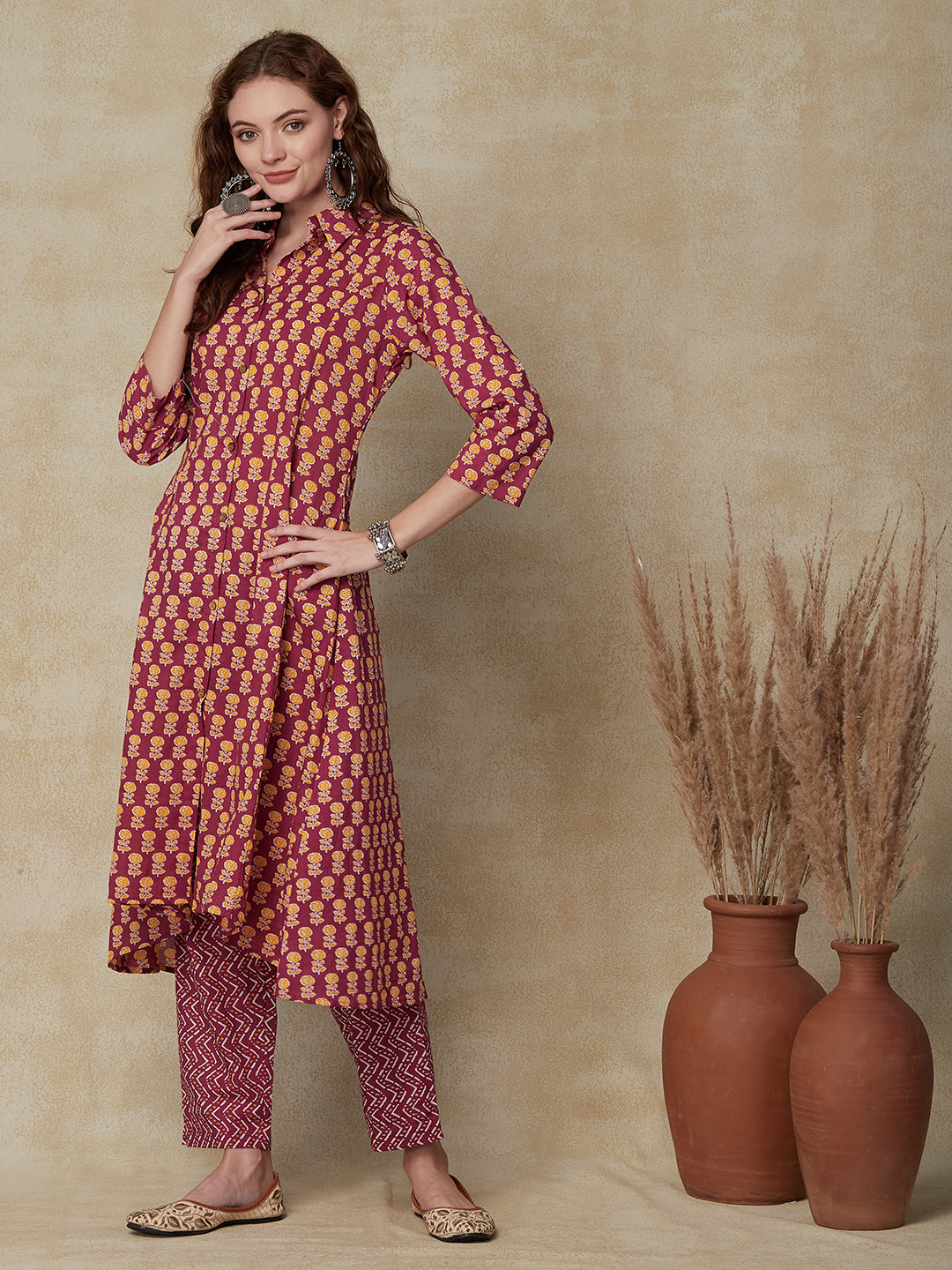 Ethnic Floral Printed A-Line Paneled Kurta with Pant - Purple