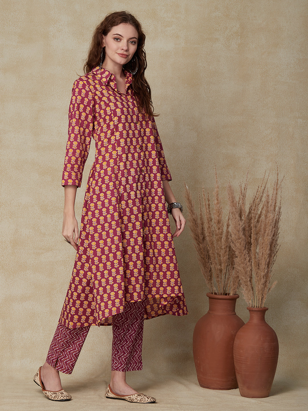 Ethnic Floral Printed A-Line Paneled Kurta with Pant - Purple