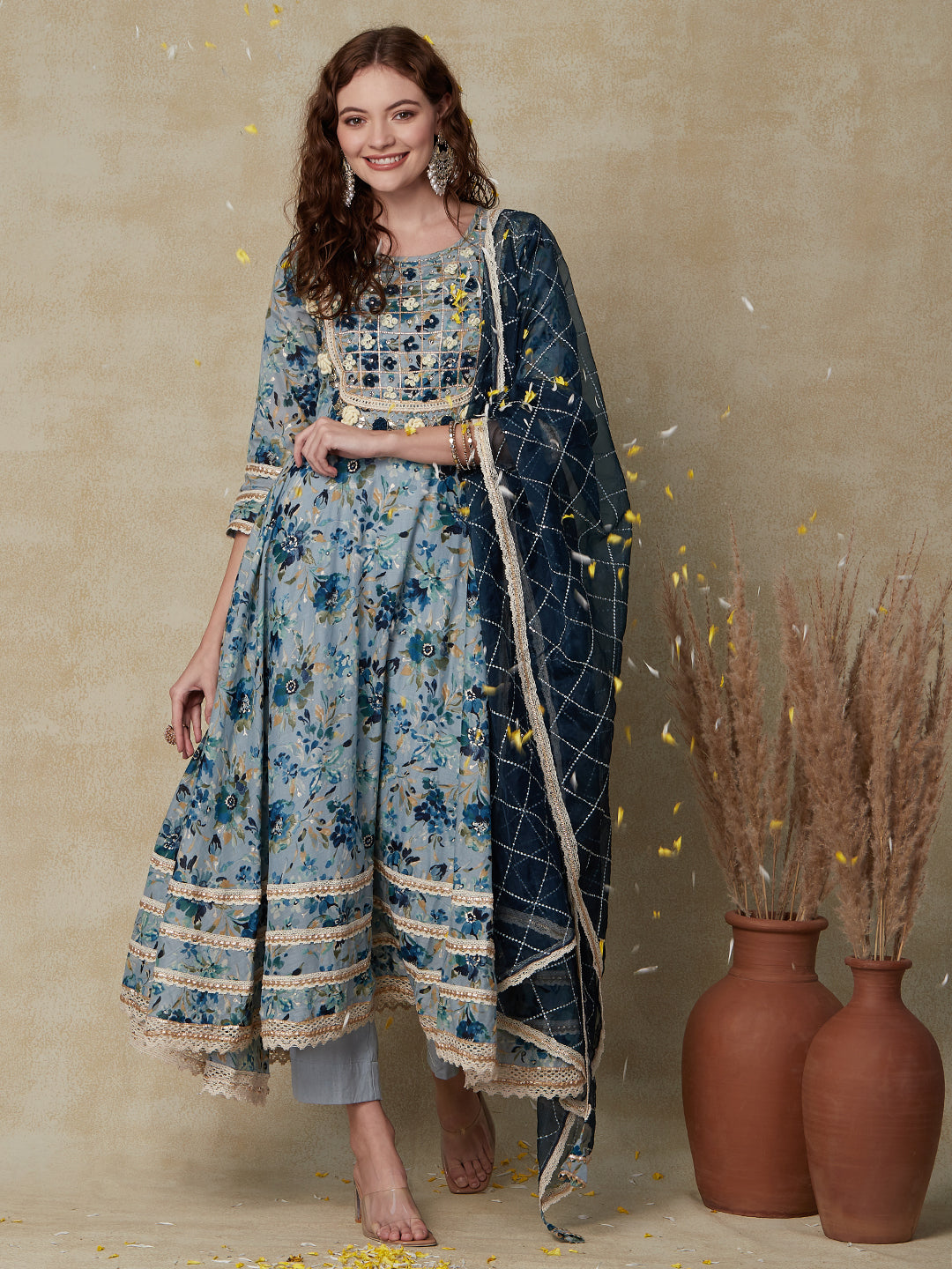 Floral Printed & Embroidered Flared Kurta with Pant & Dupatta - Blue