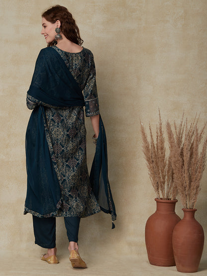 Ethnic Printed & Embroidered Straight Kurta with Pant & Dupatta - Green