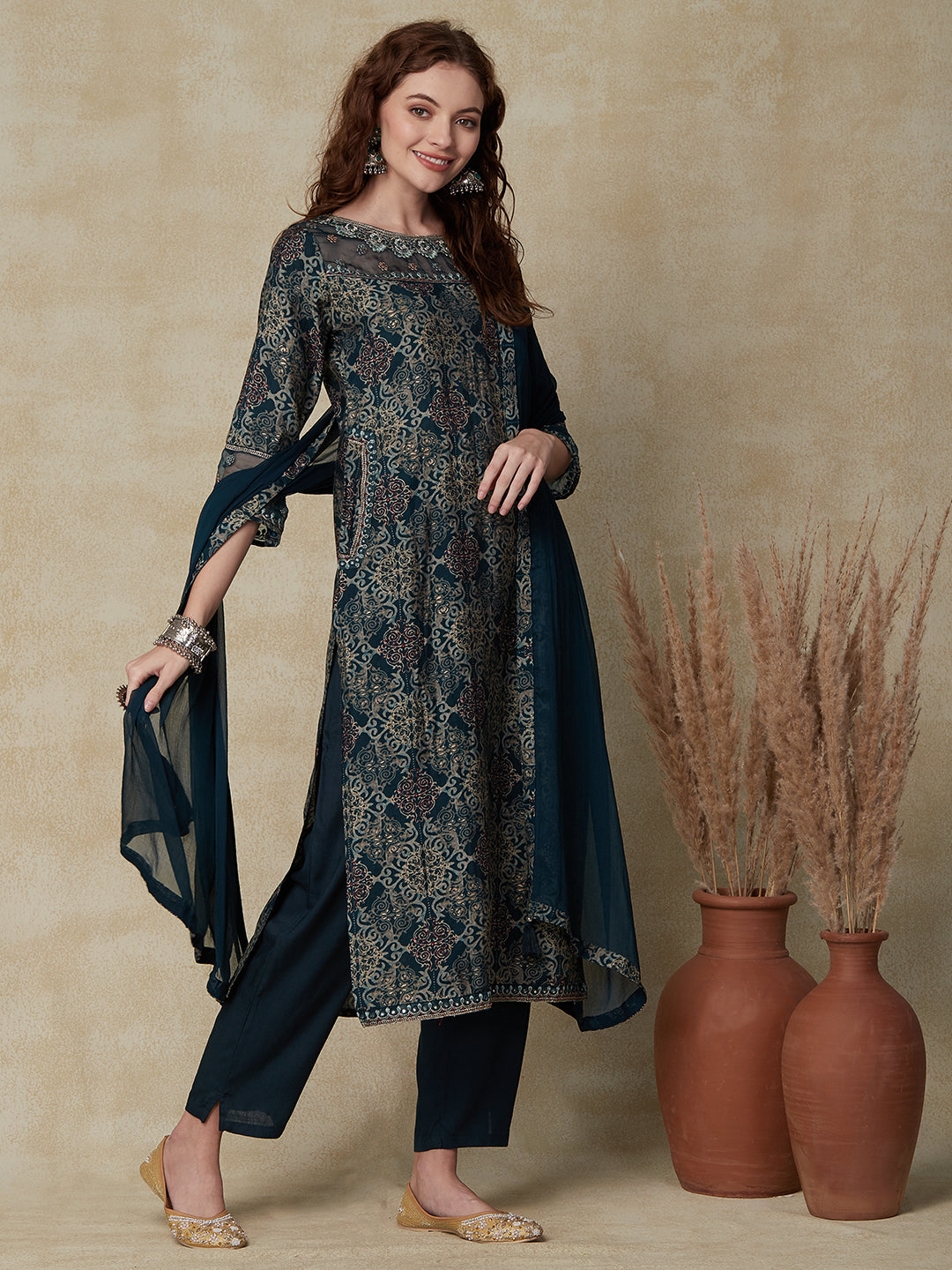 Ethnic Printed & Embroidered Straight Kurta with Pant & Dupatta - Green