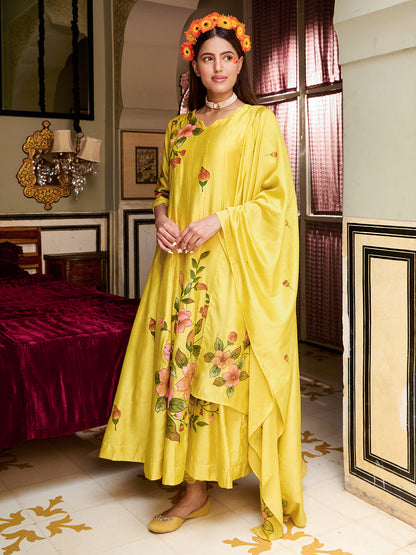 Floral Hand Painted & Embroidered Anarkali Kurta & Dupatta with Pant - Yellow