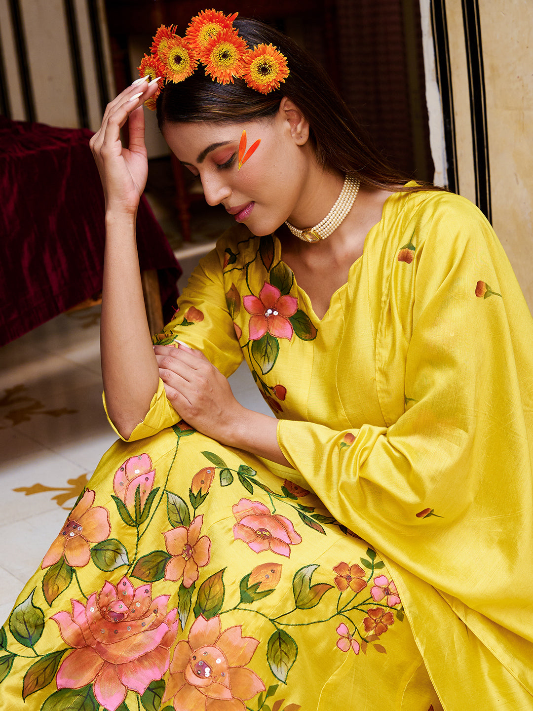 Floral Hand Painted & Embroidered Anarkali Kurta & Dupatta with Pant - Yellow