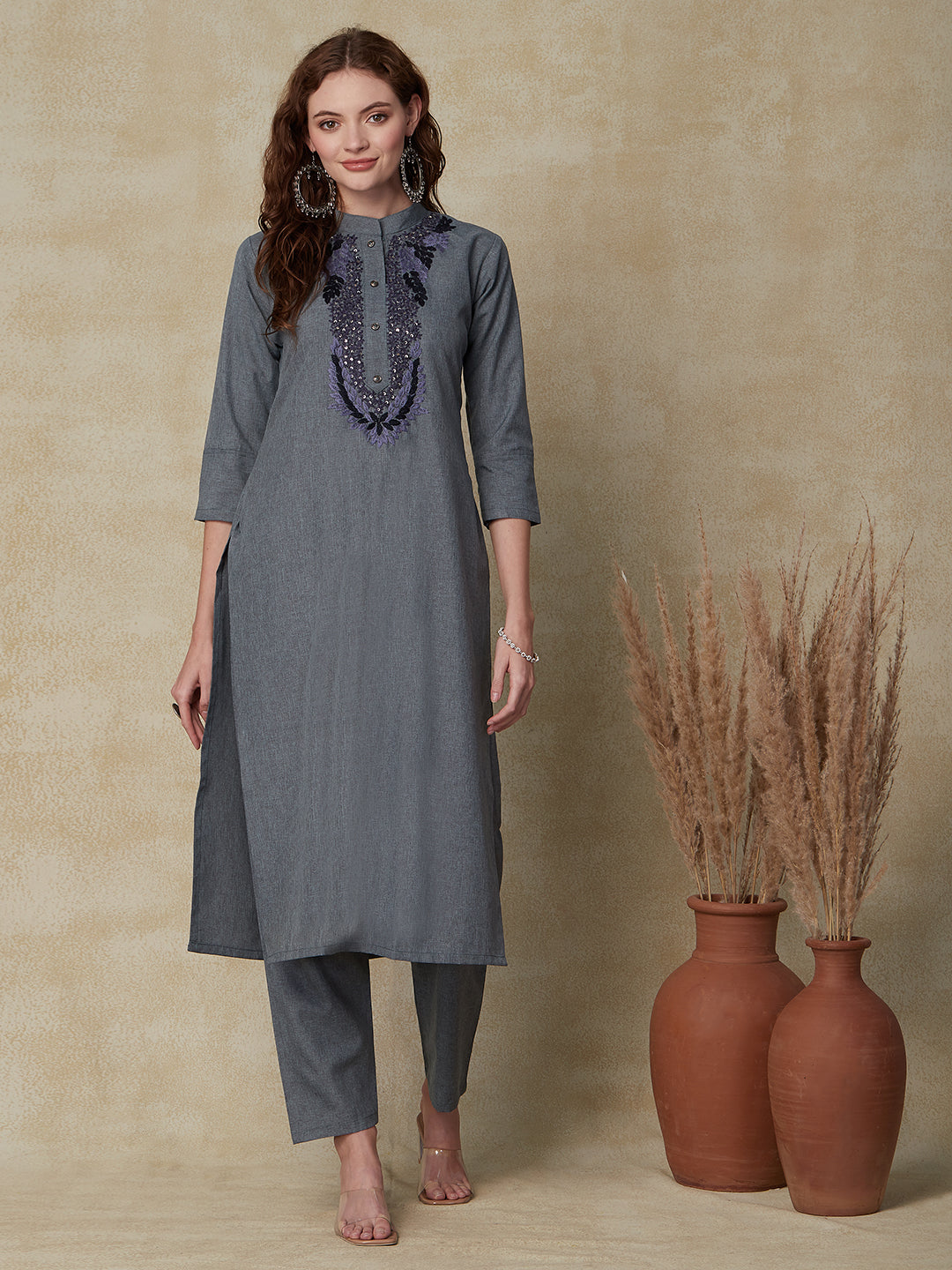 Solid Floral Hand Embroidered Straight Kurta with Pant - Grey