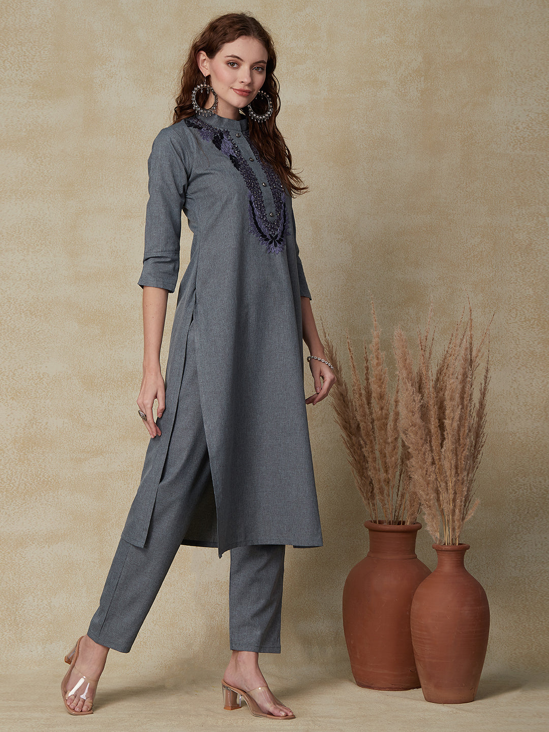 Solid Floral Hand Embroidered Straight Kurta with Pant - Grey