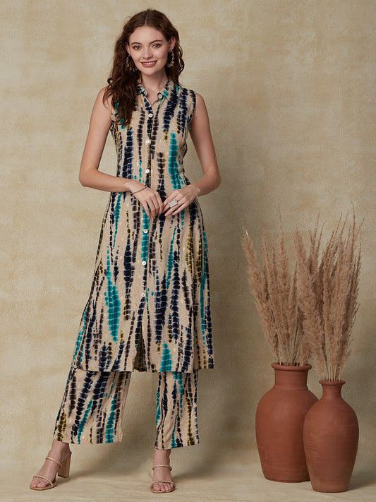 Tie - Dye Foil Printed A-Line Paneled Kurta with Pant - Multi