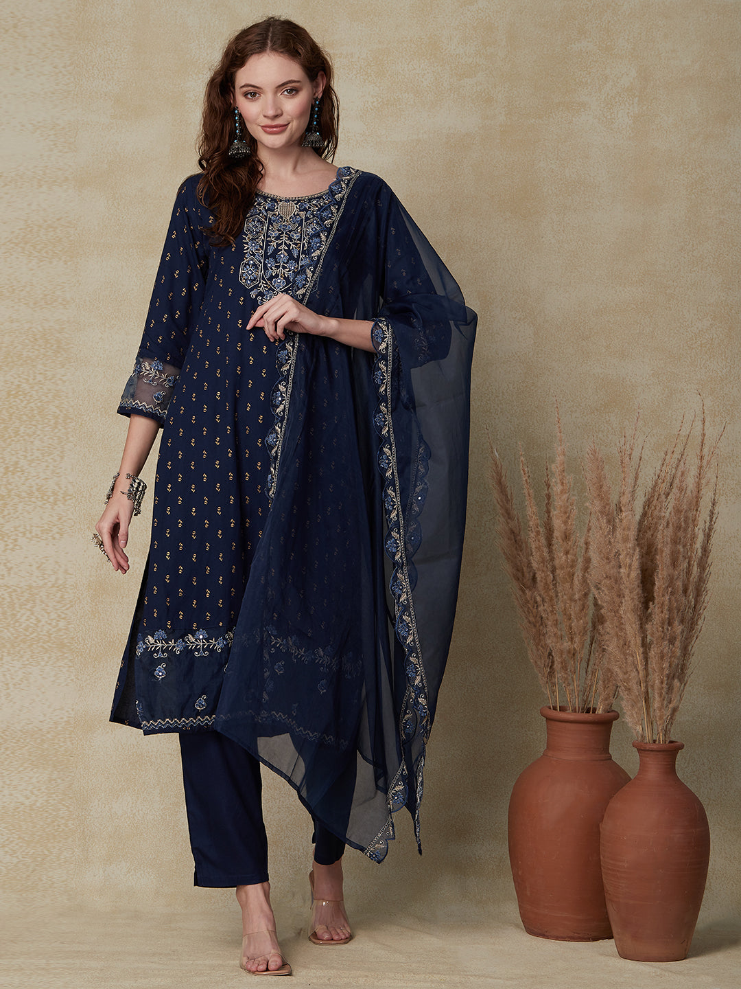 Solid Floral Embroidered Straight Kurta with Pant & Dupatta - Navy Blue