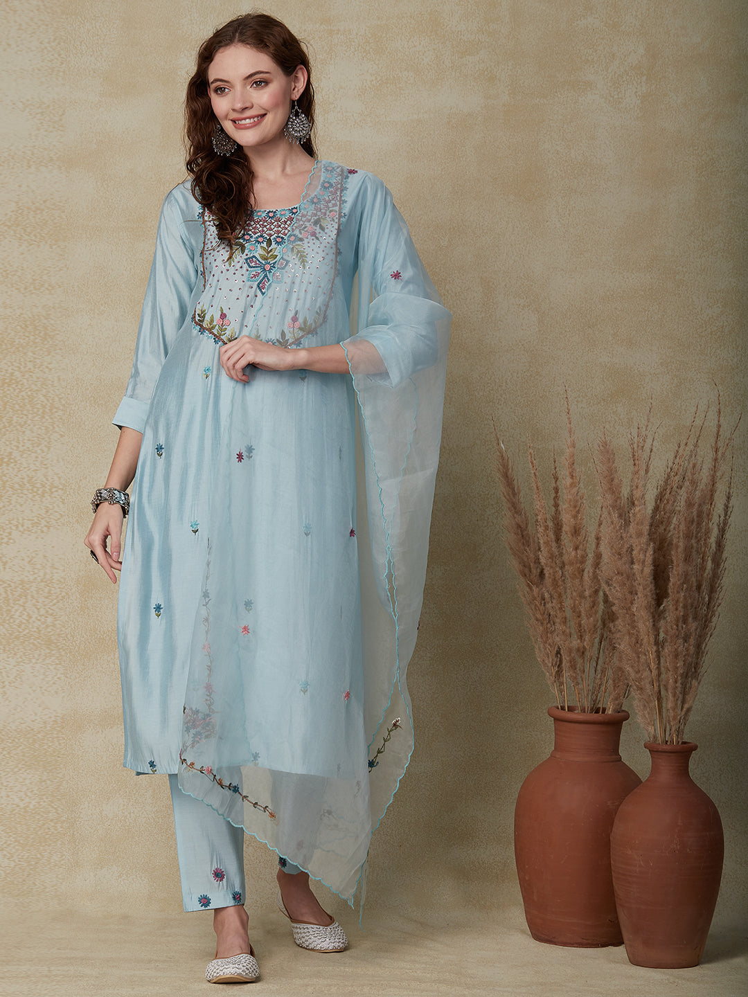 Floral Hand Embroidered Straight Fit Kurta with Pant & Dupatta - Blue
