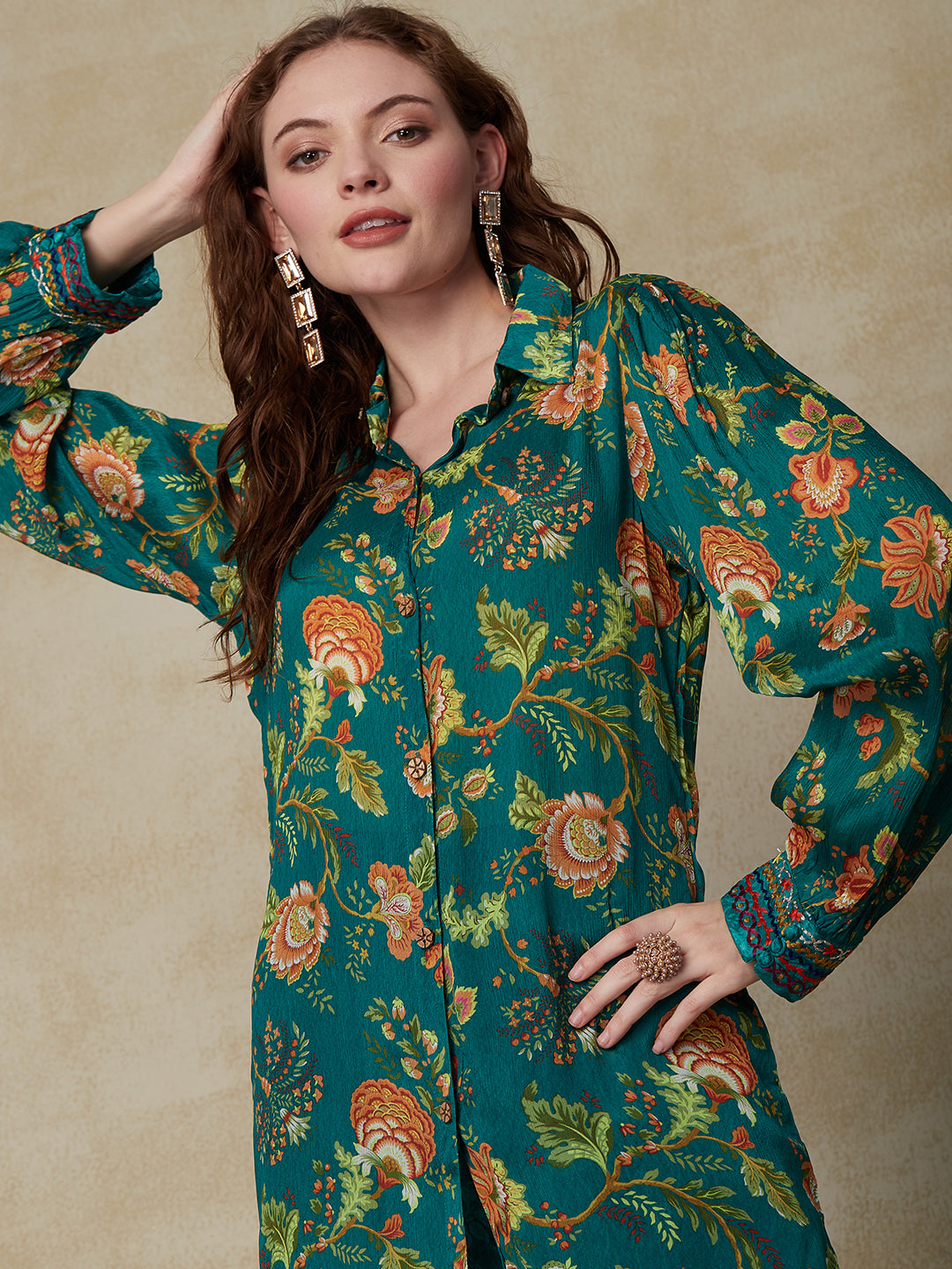 Ethnic Floral Printed & Embroidered Straight Shirt with Flared Palazzo - Green