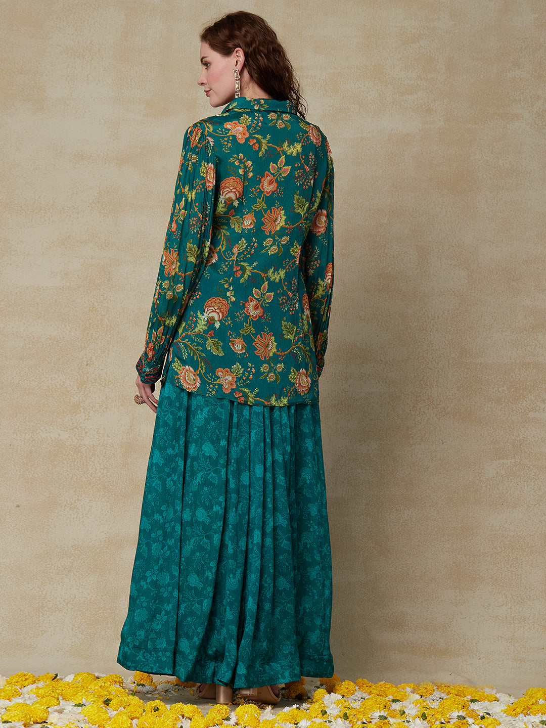 Ethnic Floral Printed & Embroidered Straight Shirt with Flared Palazzo - Green