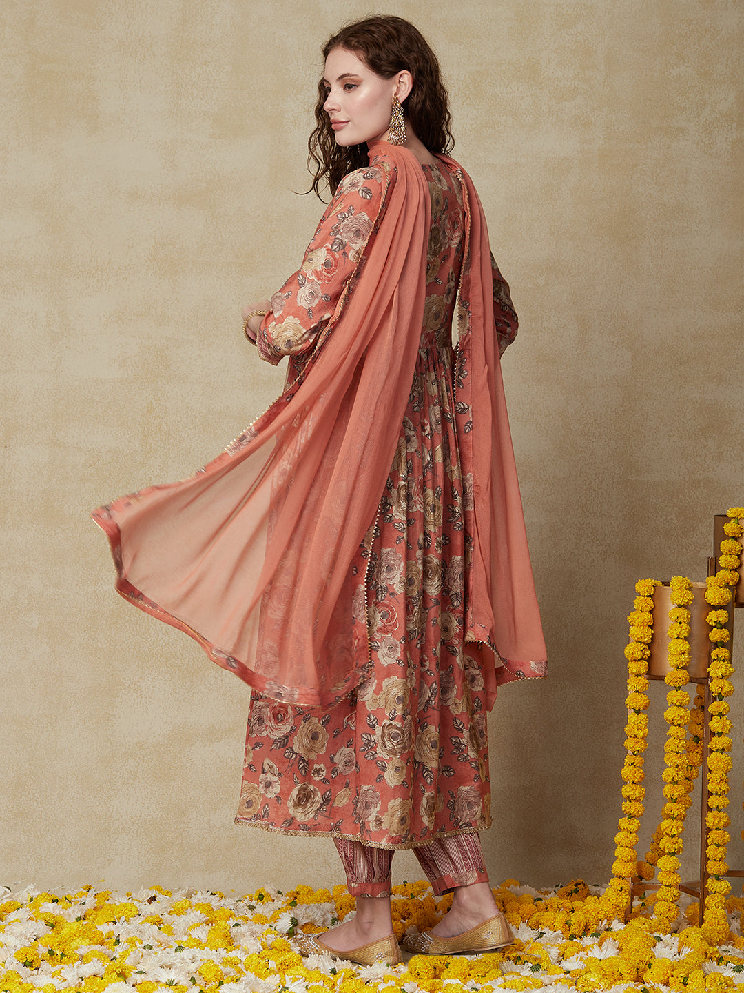Floral Printed & Embroidered A-Line Pleated Kurta with Pant & Dupatta - Peach
