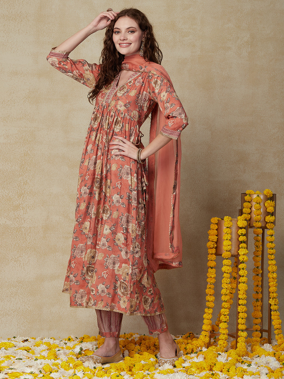 Floral Printed & Embroidered A-Line Pleated Kurta with Pant & Dupatta - Peach